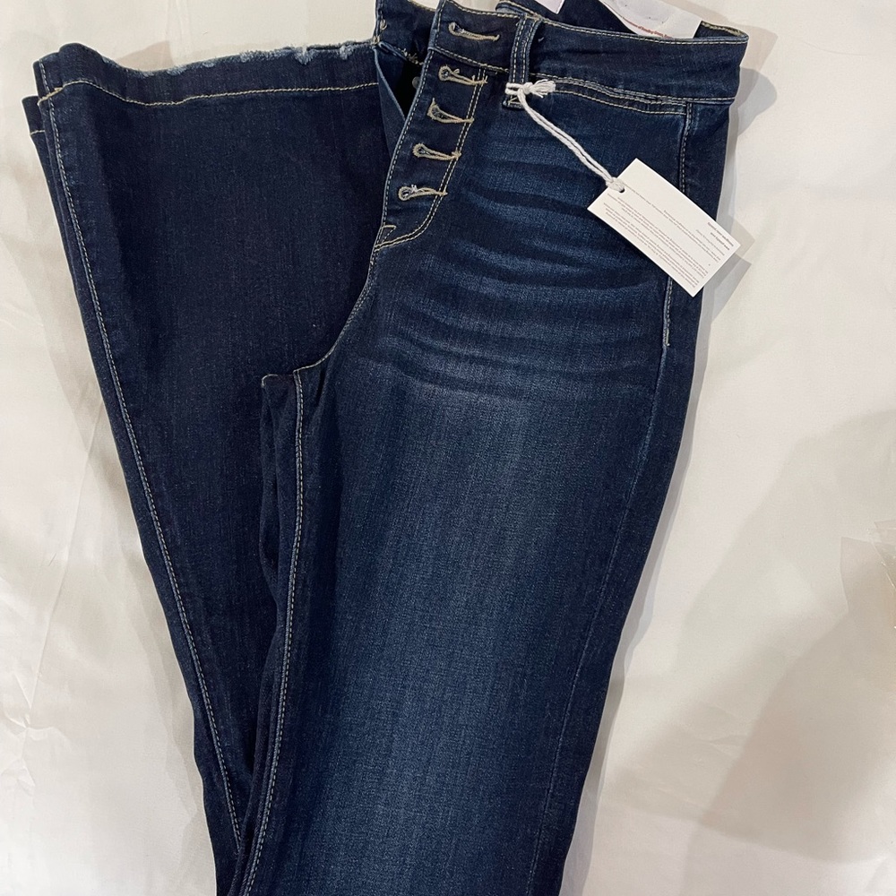 Whitney Button Front Dar Wash Flare Jeans (Pink Lily)